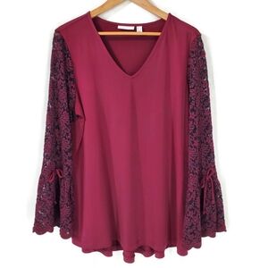 Susan Graver Liquid Knit Tunic Top with Floral Lace Bell Sleeves and Bow Size L